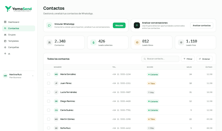 Pantalla de Contactos de YamaSend con listado de contactos y su score